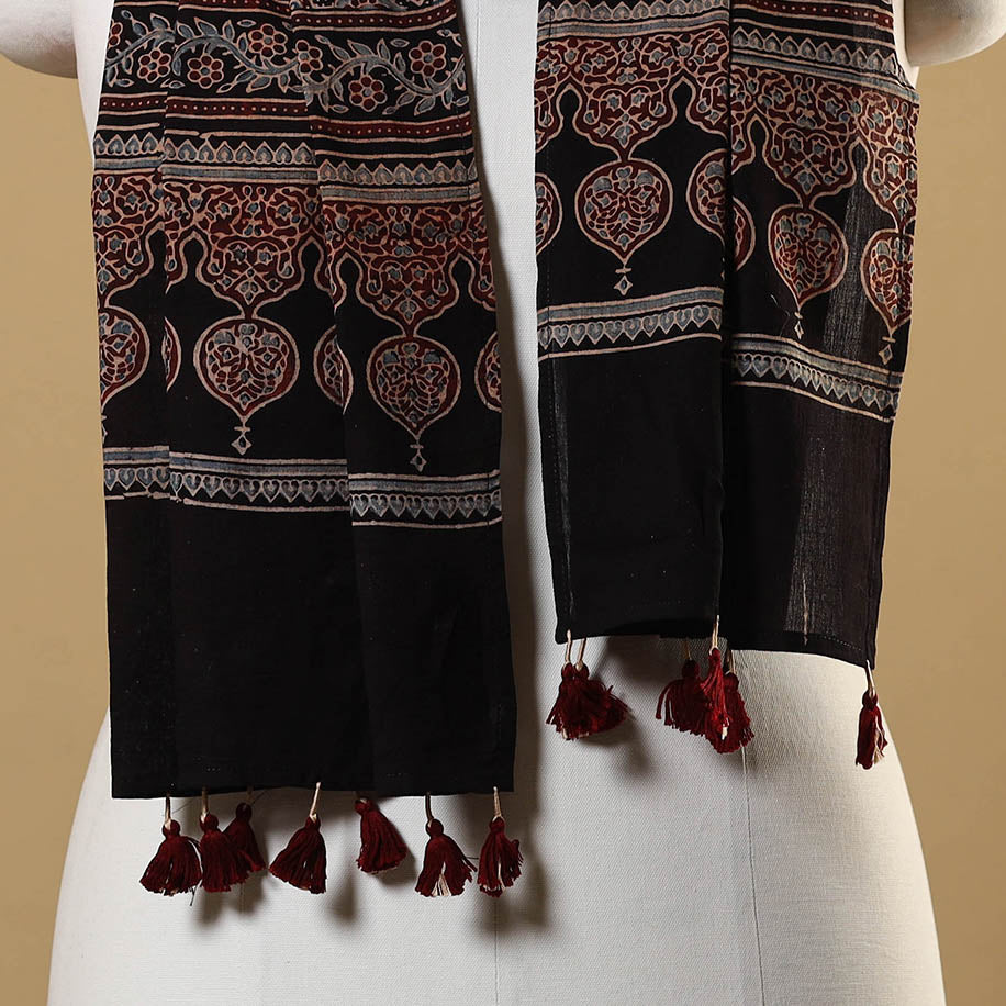 Black Natural Dyed Block Print Mul Cotton Ajrakh Stole 