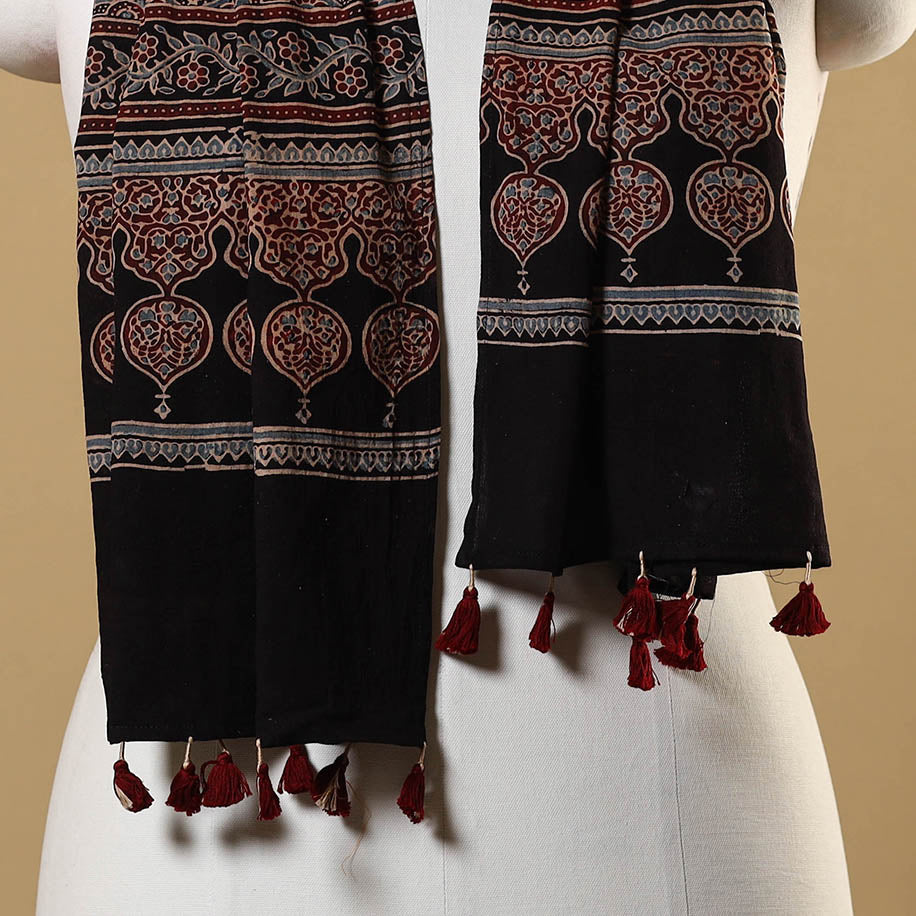 Black Natural Dyed Block Print Mul Cotton Ajrakh Stole 