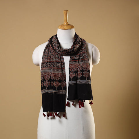 Black Natural Dyed Block Print Mul Cotton Ajrakh Stole 