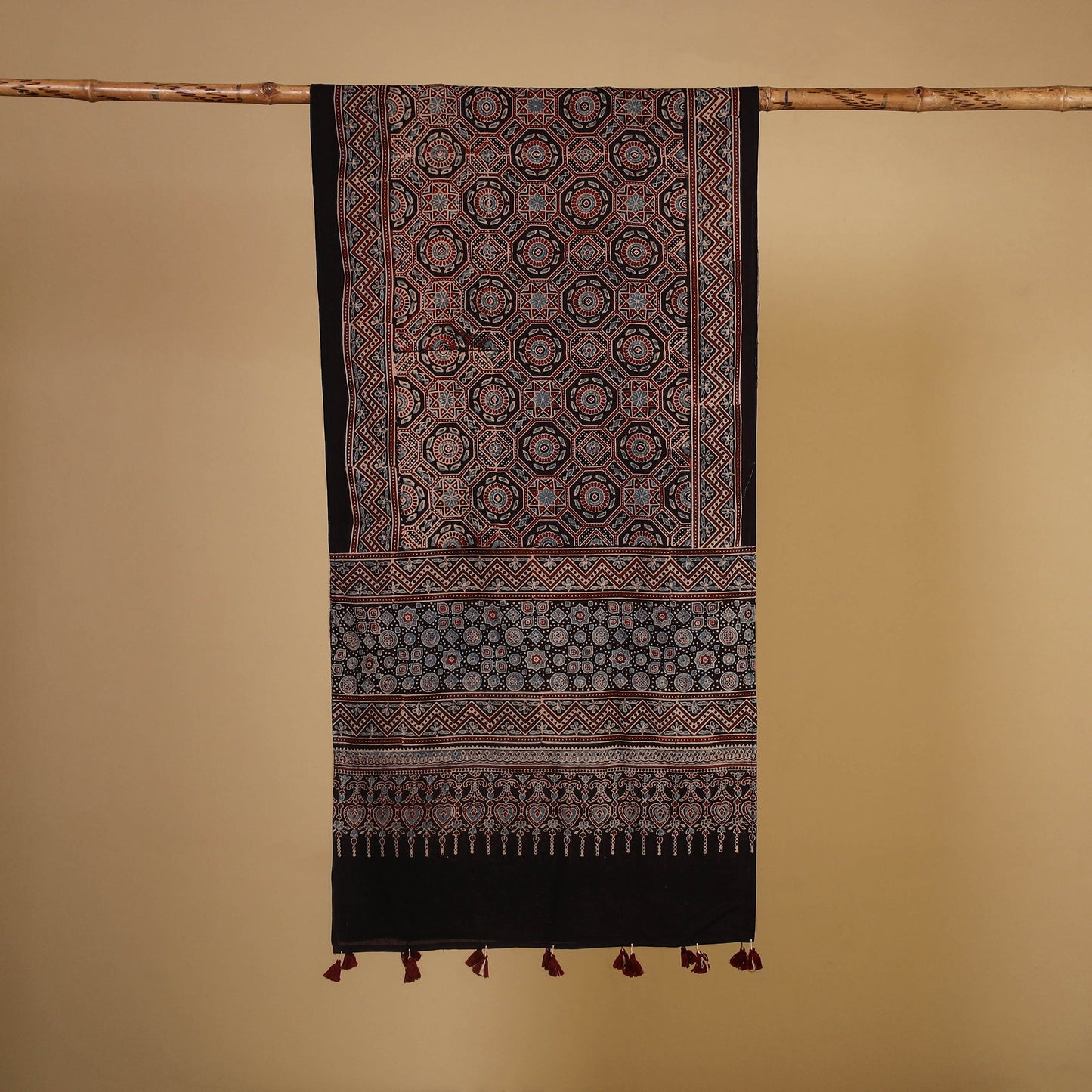 Black Natural Dyed Block Print Mul Cotton Ajrakh Stole 