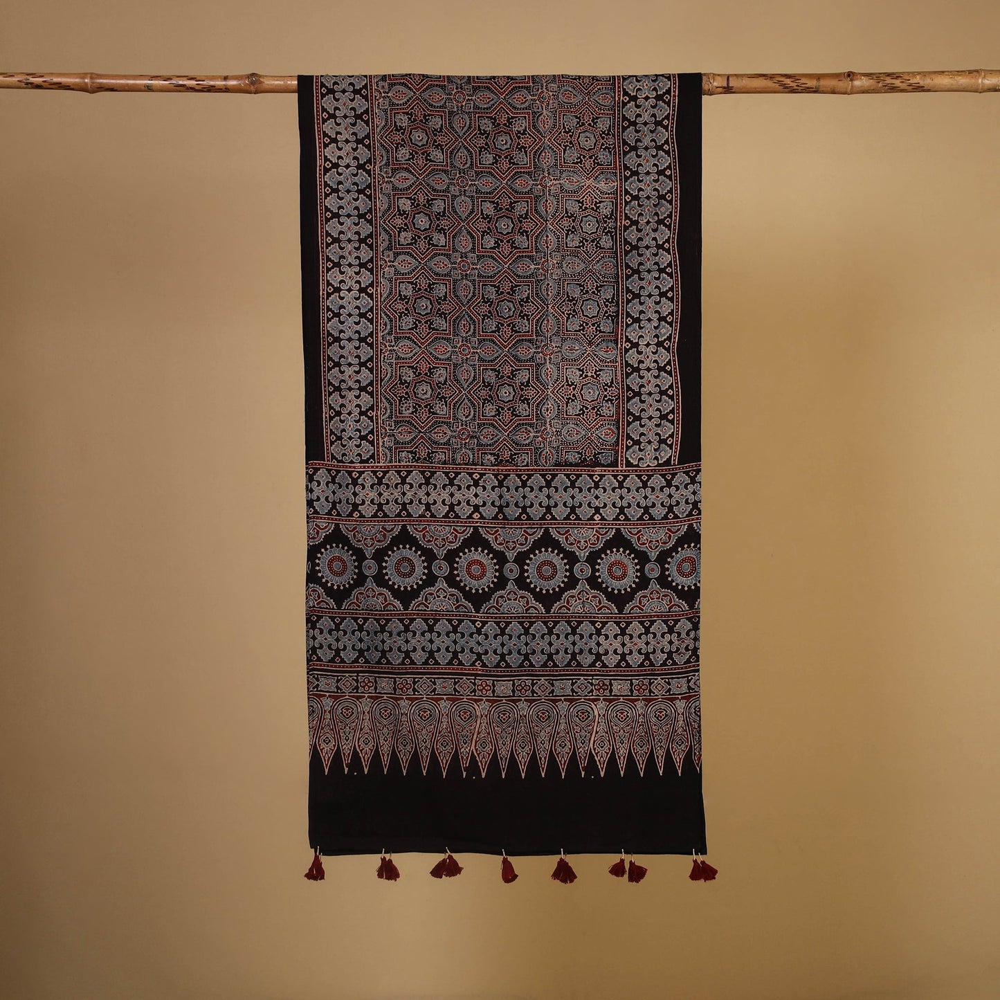 Black Natural Dyed Block Print Mul Cotton Ajrakh Stole 