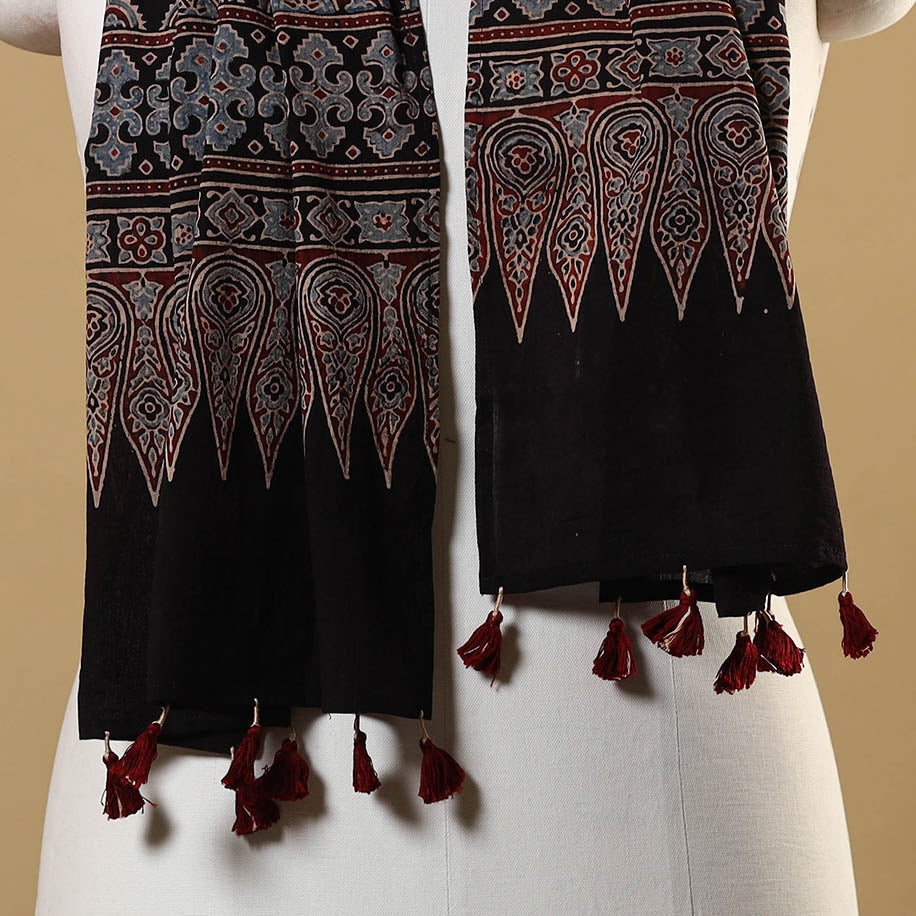 Black Natural Dyed Block Print Mul Cotton Ajrakh Stole 
