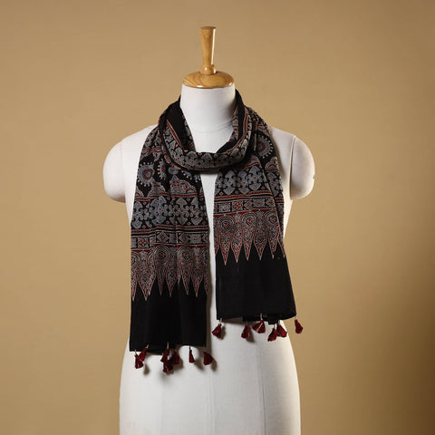Black Natural Dyed Block Print Mul Cotton Ajrakh Stole 