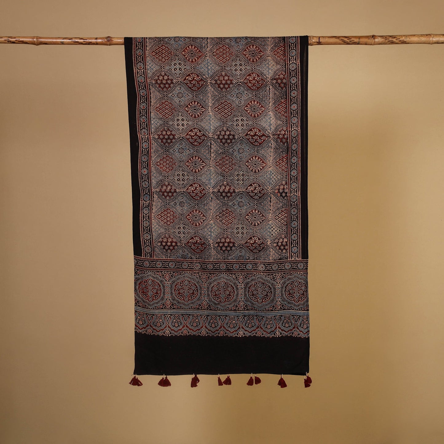 Black Natural Dyed Block Print Mul Cotton Ajrakh Stole 