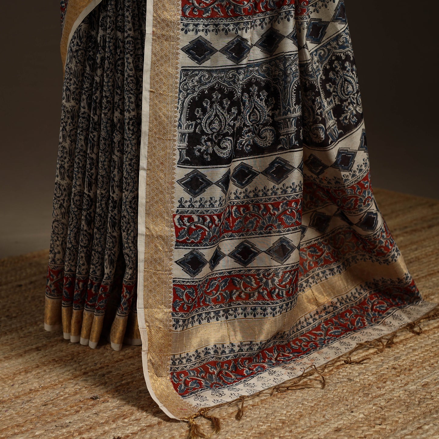 Black - natural dyed pedana chanderi silk kalamkari saree
