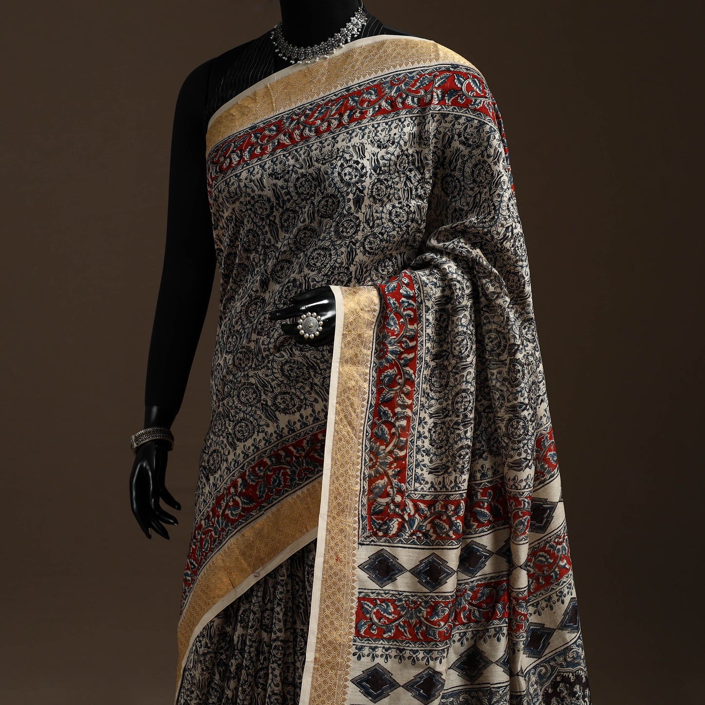 Black - natural dyed pedana chanderi silk kalamkari saree