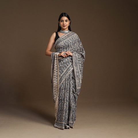 Black Pedana Block Print Cotton Kalamkari Saree