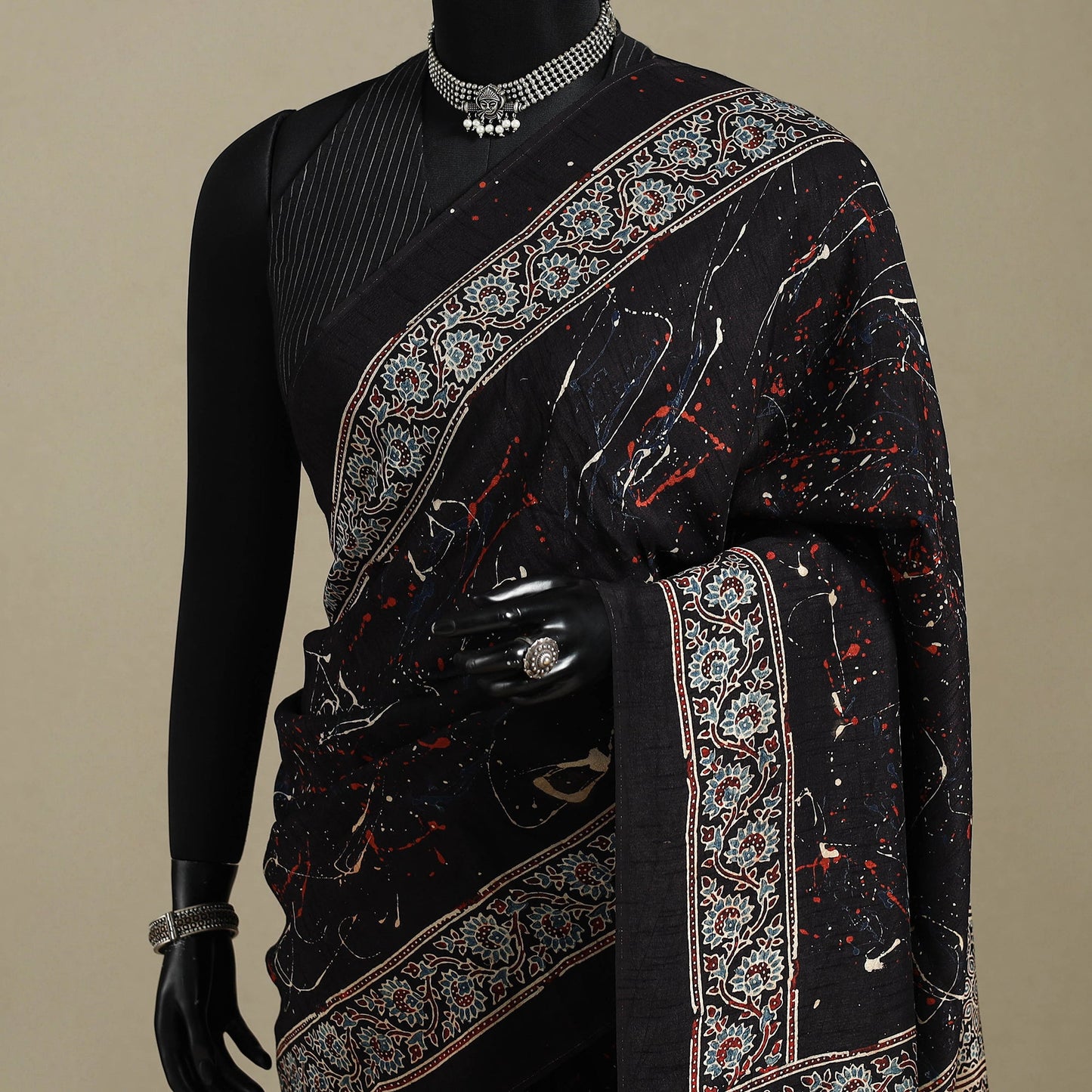 Black - natural dyed silk saree 09 - handcrafted
