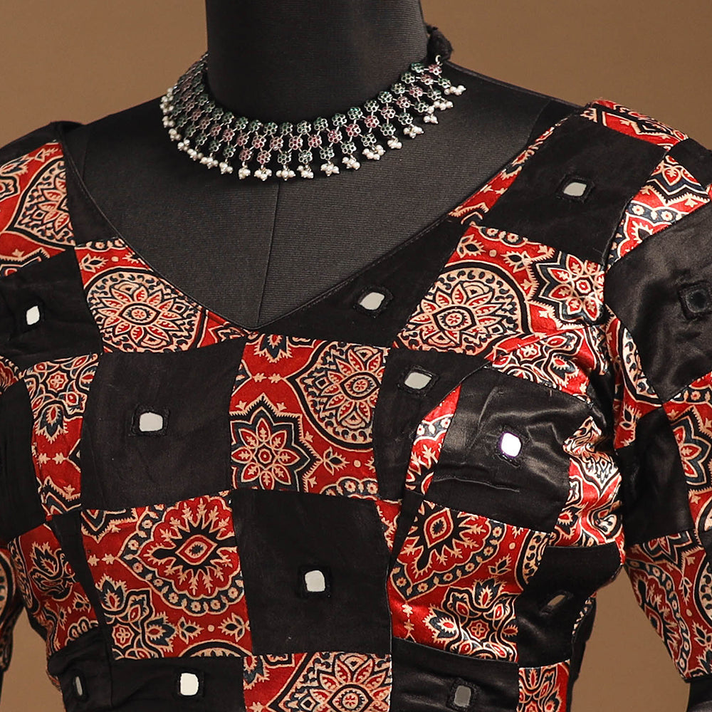 Black Navratri Garba Chaniya Choli Set in Mashru Silk with Ajrakh Patch