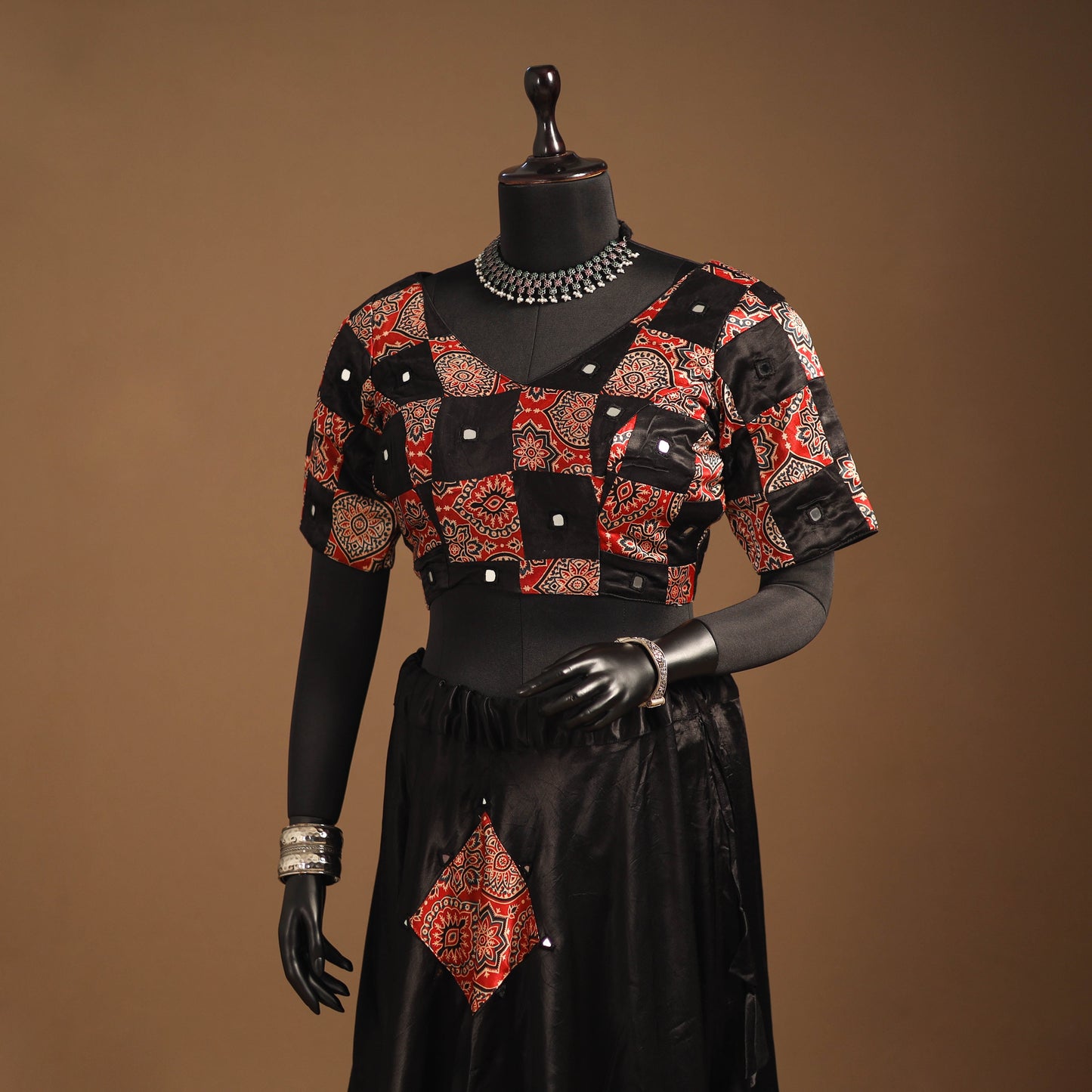 Black Navratri Garba Chaniya Choli Set in Mashru Silk with Ajrakh Patch