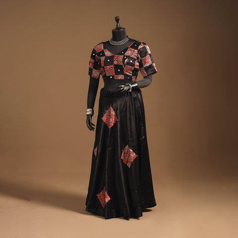 Black Navratri Garba Chaniya Choli Set in Mashru Silk with Ajrakh Patch