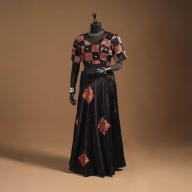 Black Navratri Garba Chaniya Choli Set in Mashru Silk with Ajrakh Patch