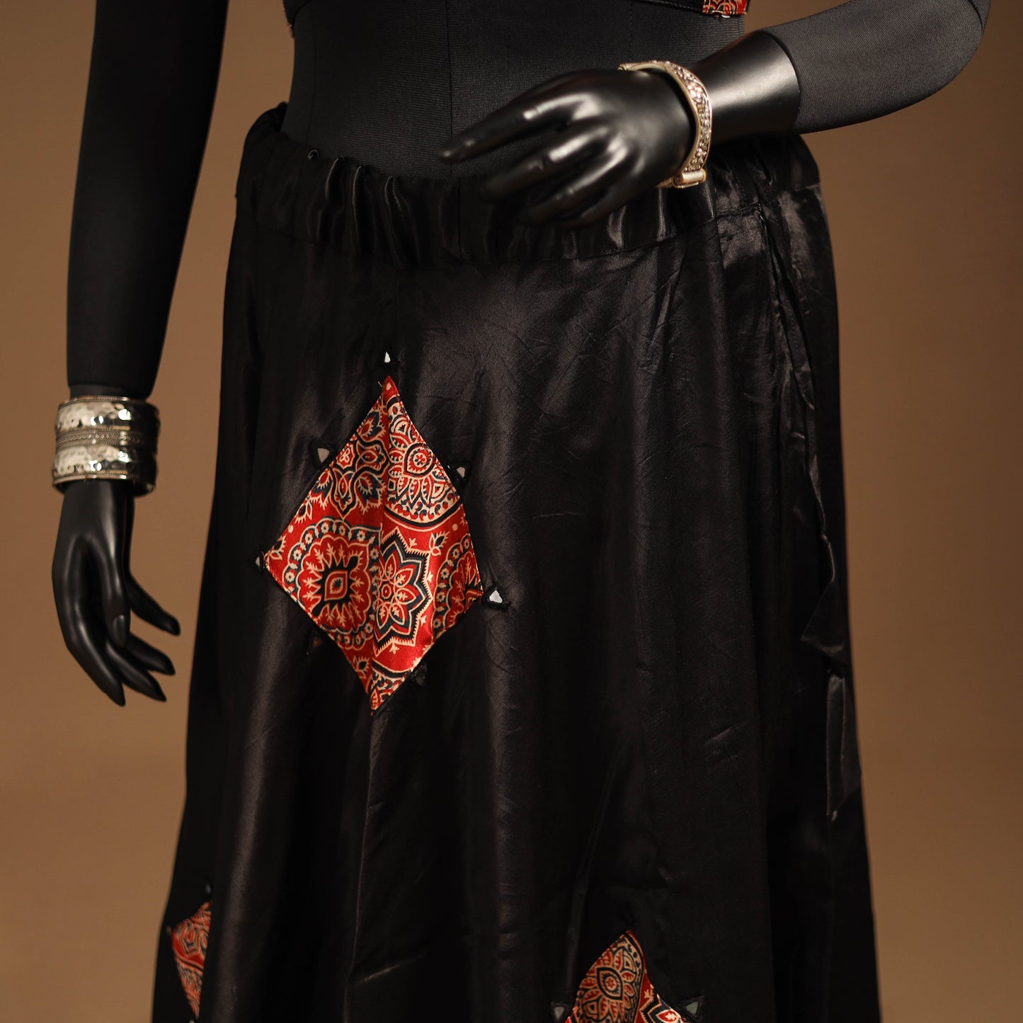 Black Navratri Garba Chaniya Choli Set in Mashru Silk with Ajrakh Patch