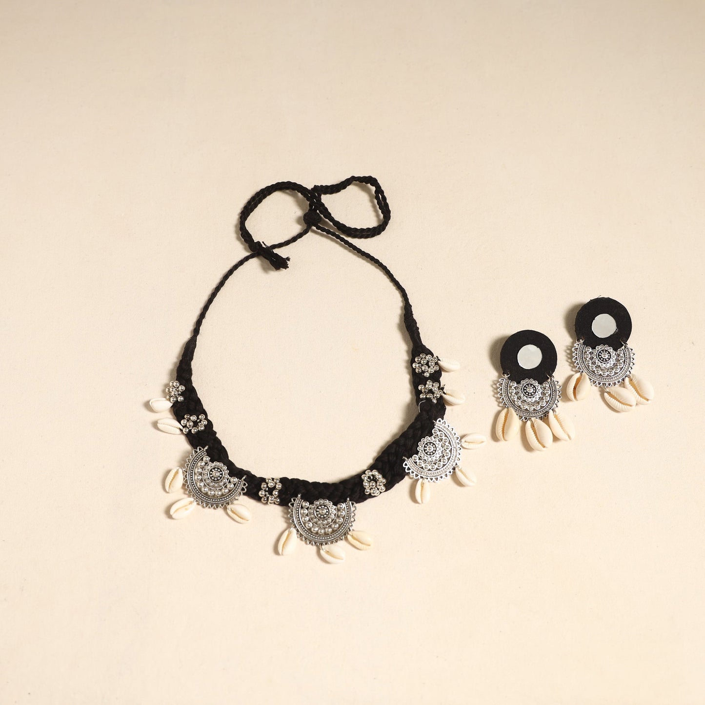 Navratri Special! Black German Silver Shell Work Necklace Set