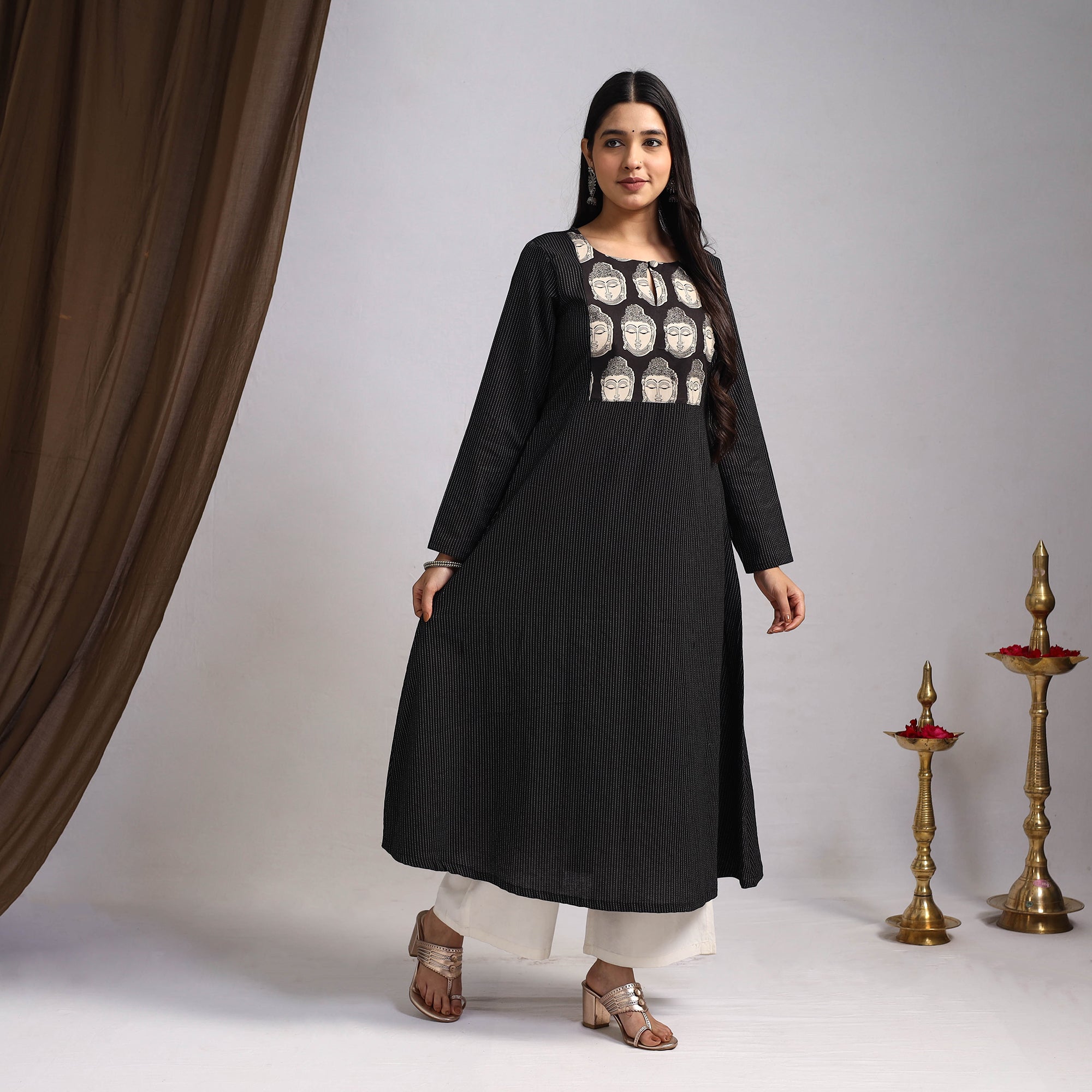 Black Nazakat Heritage Patchwork Cotton A-Line Plain Kurta for Women