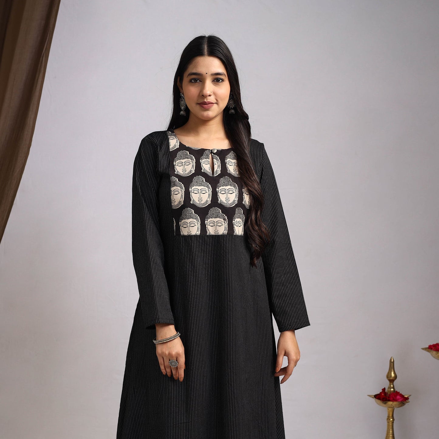 Black Nazakat Heritage Patchwork Cotton A-Line Plain Kurta for Women