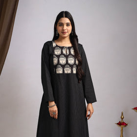 Black Nazakat Heritage Patchwork Cotton A-Line Plain Kurta for Women