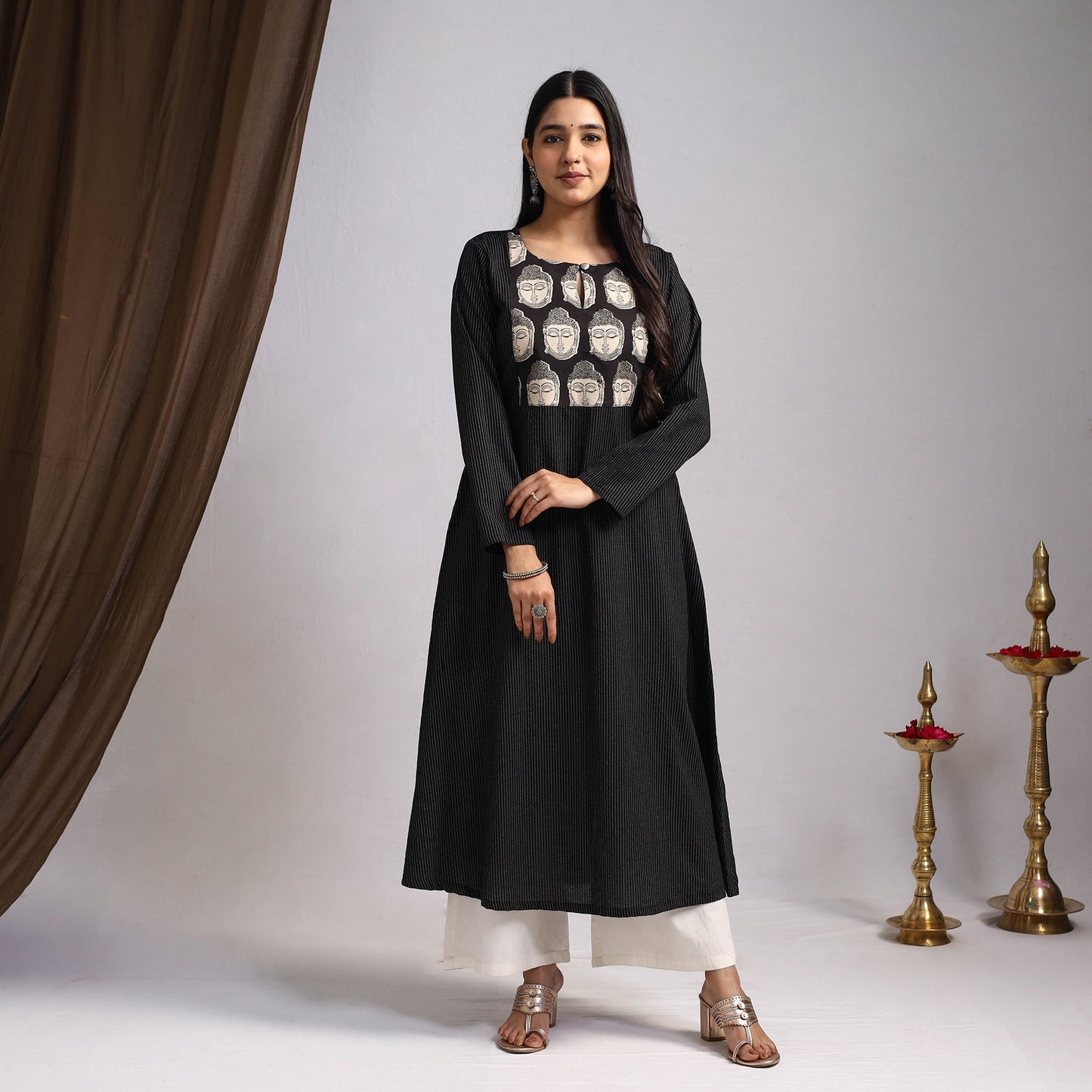 Black Nazakat Heritage Patchwork Cotton A-Line Plain Kurta for Women