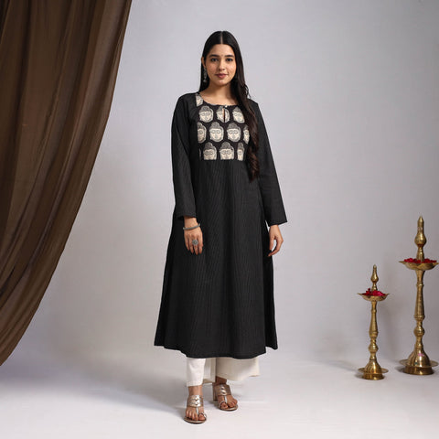 Black Nazakat Heritage Patchwork Cotton A-Line Plain Kurta for Women