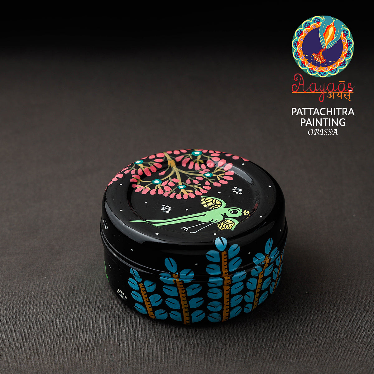 Odisha Pattachitra Black Handpainted Stainless Steel Container