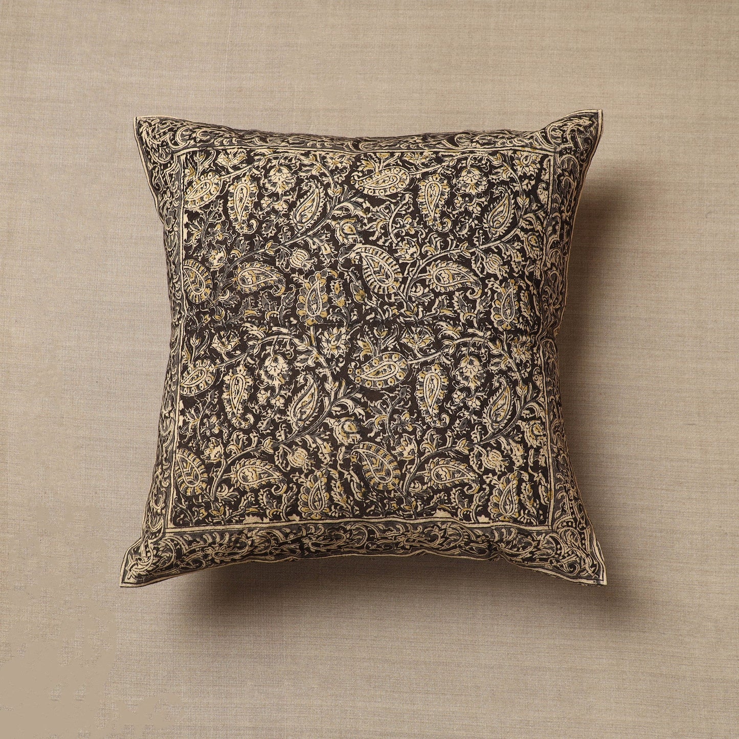 Black Original Pedana Block Print Cotton Kalamkari Cushion Cover