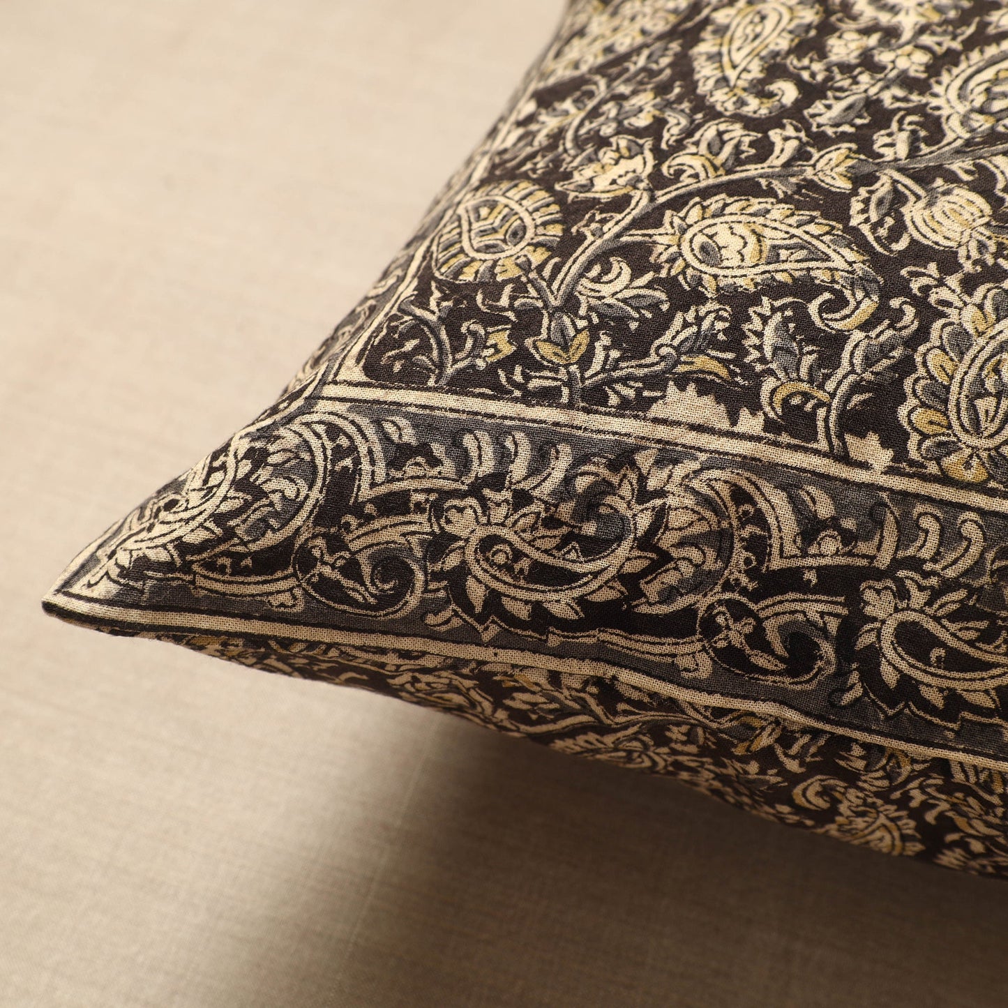 Black Original Pedana Block Print Cotton Kalamkari Cushion Cover