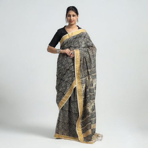 Black Original Pedana Kalamkari Block Print Chanderi Silk Saree