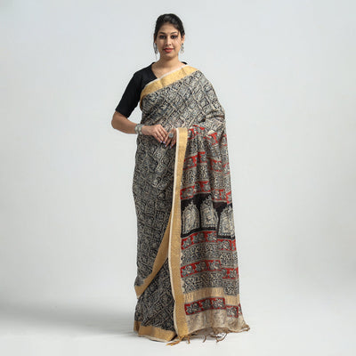 Black Original Pedana Kalamkari Block Print Chanderi Silk Saree