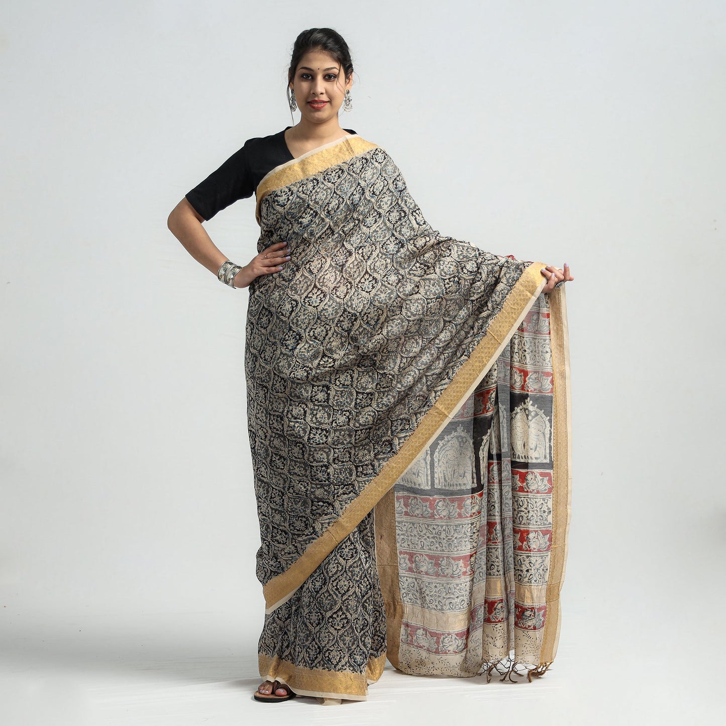 Black Original Pedana Kalamkari Block Print Chanderi Silk Saree