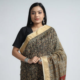 Black Original Pedana Kalamkari Block Print Chanderi Silk Saree