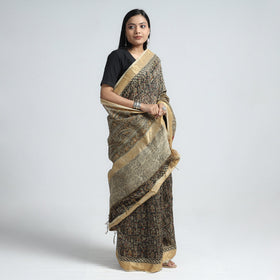 Black Original Pedana Kalamkari Block Print Chanderi Silk Saree
