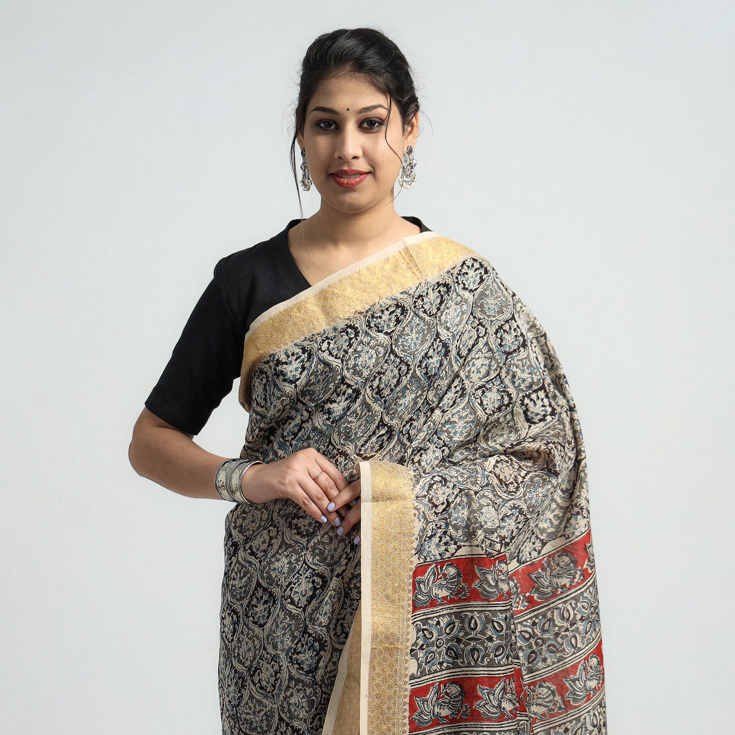 Black Original Pedana Kalamkari Block Print Chanderi Silk Saree