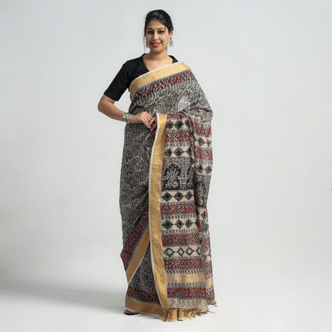 Black Original Pedana Kalamkari Block Print Chanderi Silk Saree