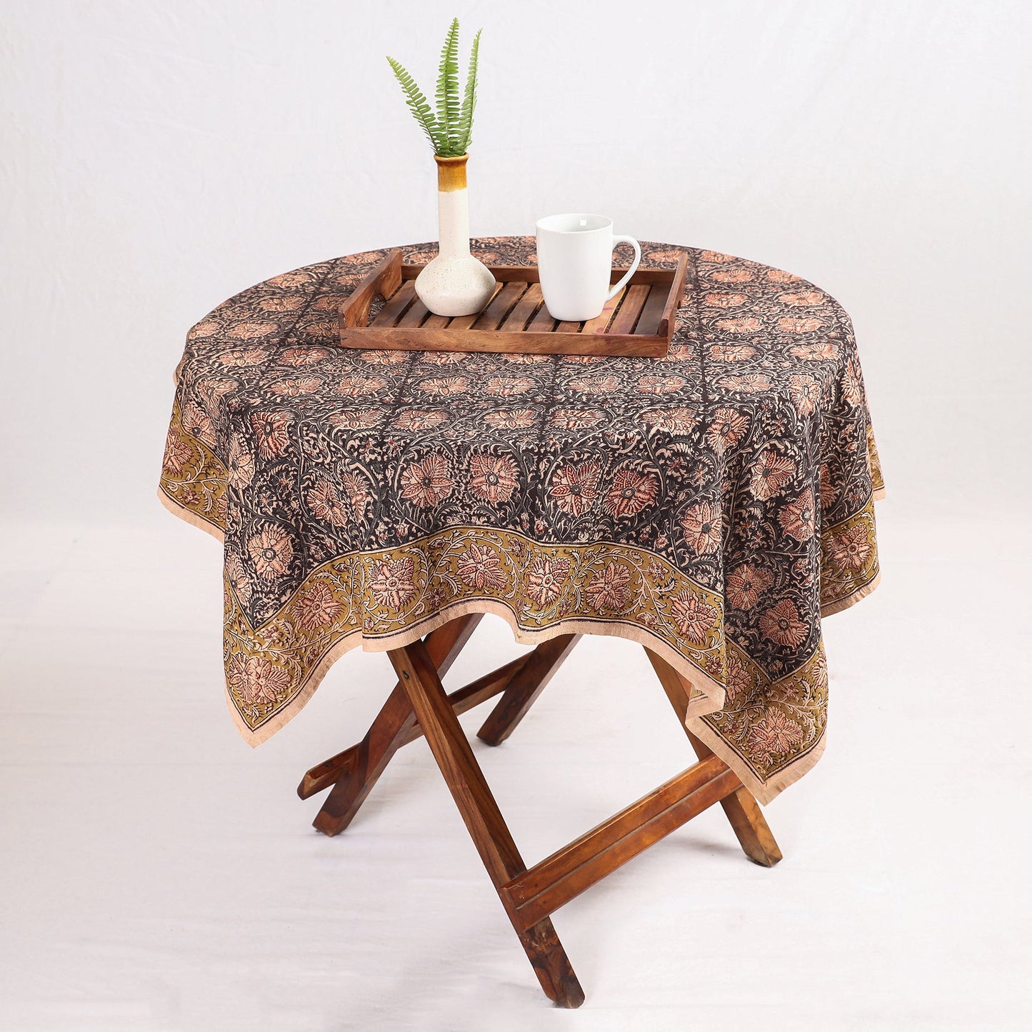 Black Pedana Kalamkari Block Print Cotton Table Cover