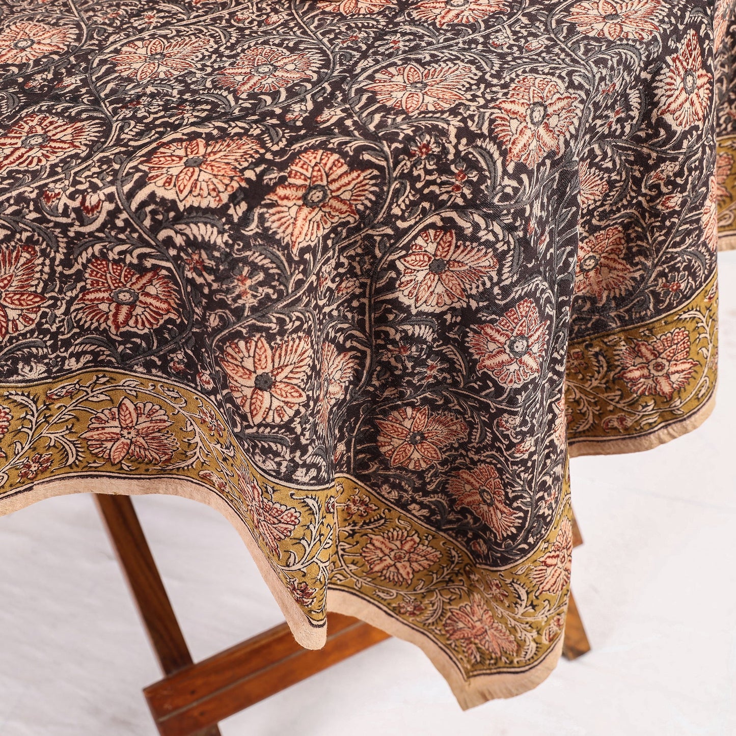 Black Pedana Kalamkari Block Print Cotton Table Cover