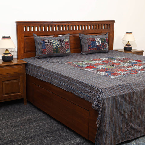 Black - Patchwork Block Print Ajrakh Cotton Double Bed Sheet Set 06