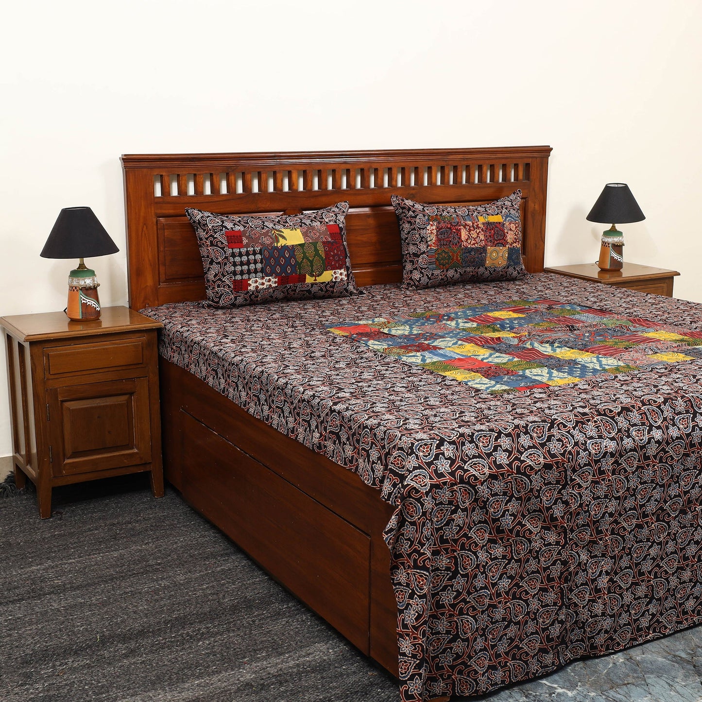 Black - patchwork cotton double bed sheet set 04