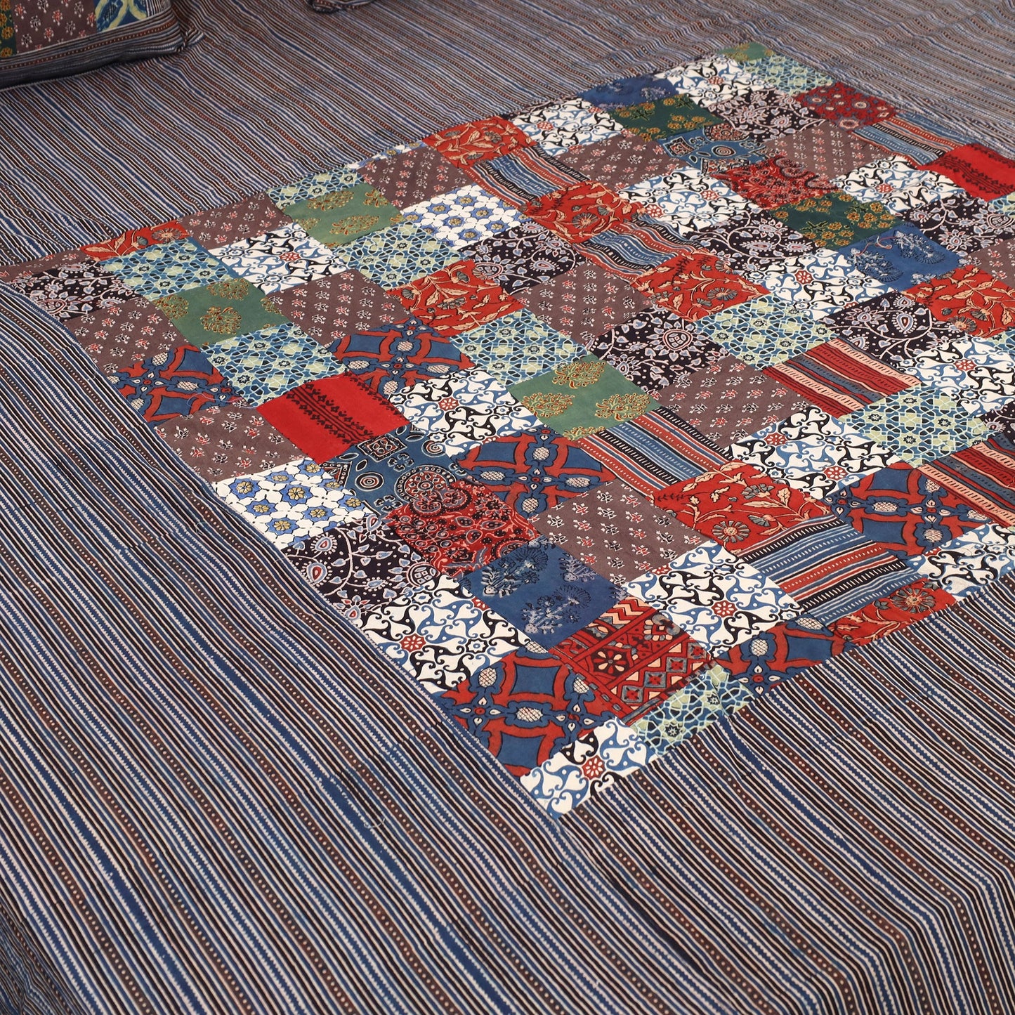 Black - Patchwork Block Print Ajrakh Cotton Double Bed Sheet Set 06