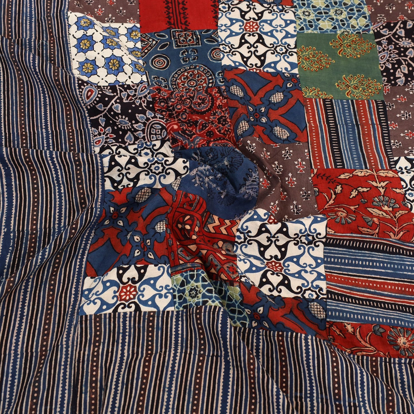 Black - Patchwork Block Print Ajrakh Cotton Double Bed Sheet Set 06