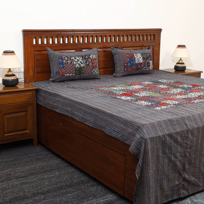 Black - Patchwork Block Print Ajrakh Cotton Double Bed Sheet Set 06