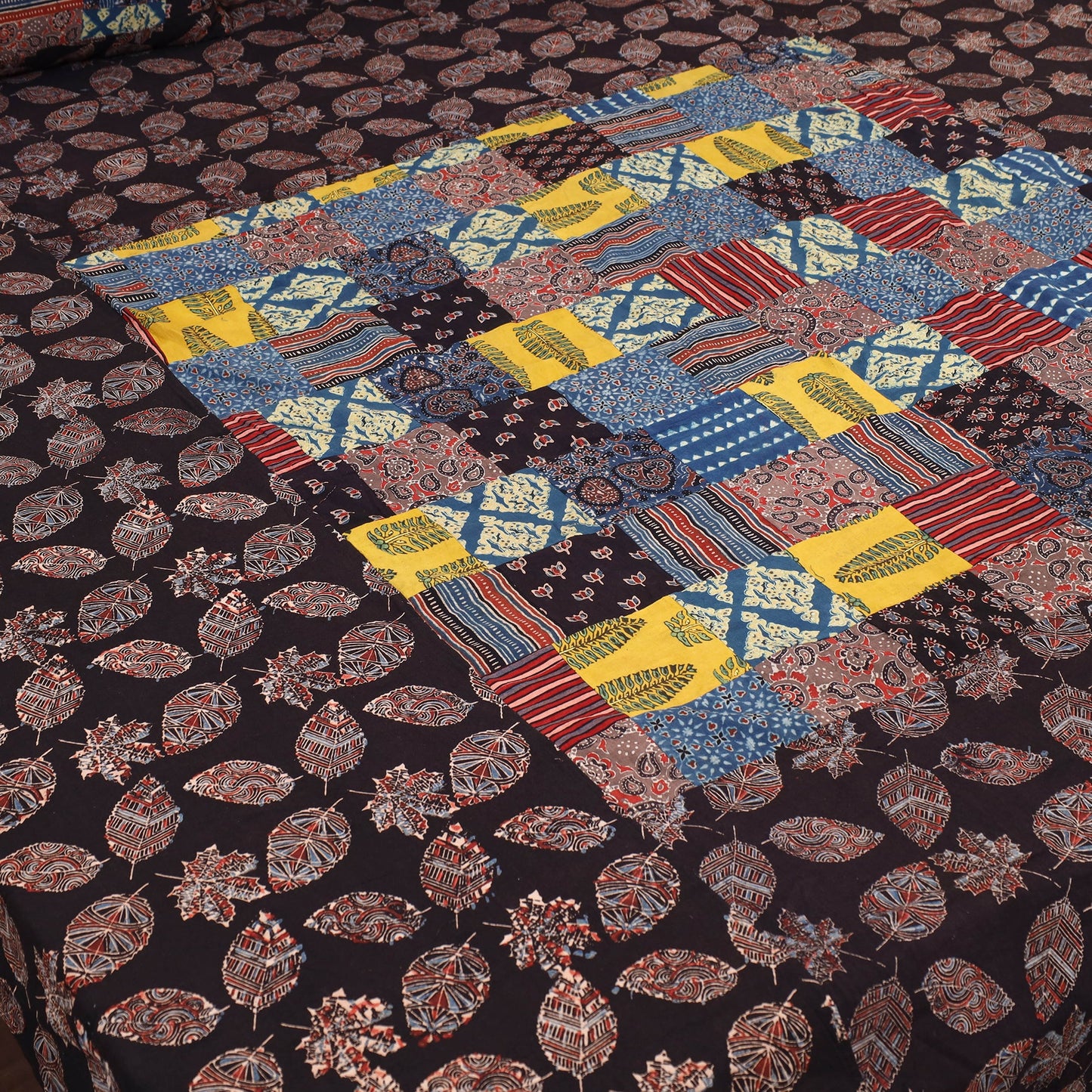 Black - Patchwork Block Print Ajrakh Cotton Double Bed Sheet Set 09