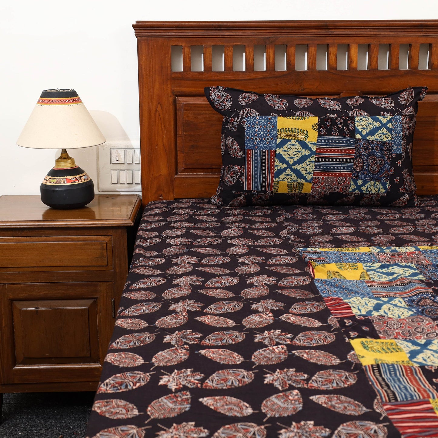 Black - Patchwork Block Print Ajrakh Cotton Double Bed Sheet Set 09