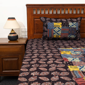 Black - Patchwork Block Print Ajrakh Cotton Double Bed Sheet Set 09