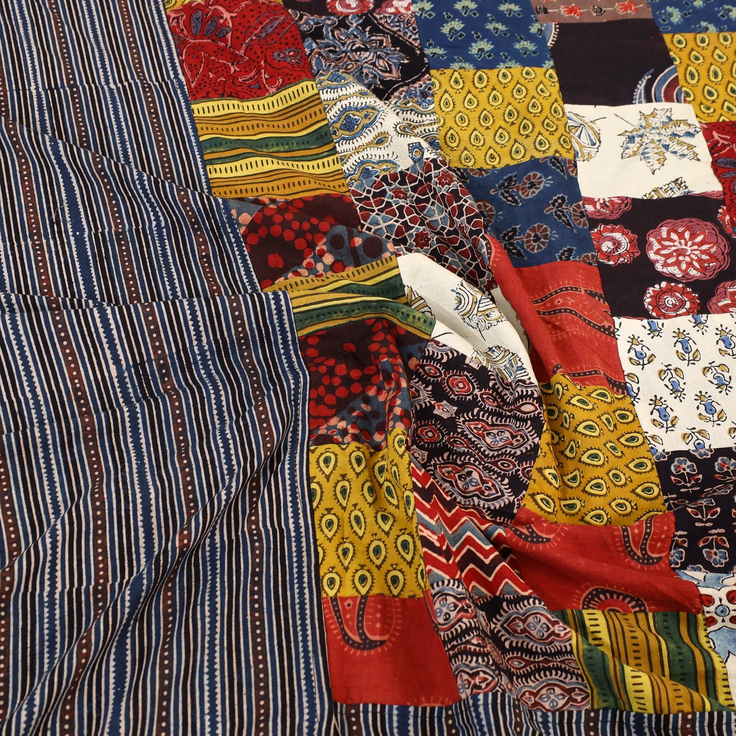 Black - Patchwork Block Print Ajrakh Cotton Double Bed Sheet Set 10