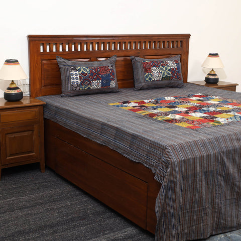 Black - Patchwork Block Print Ajrakh Cotton Double Bed Sheet Set 10