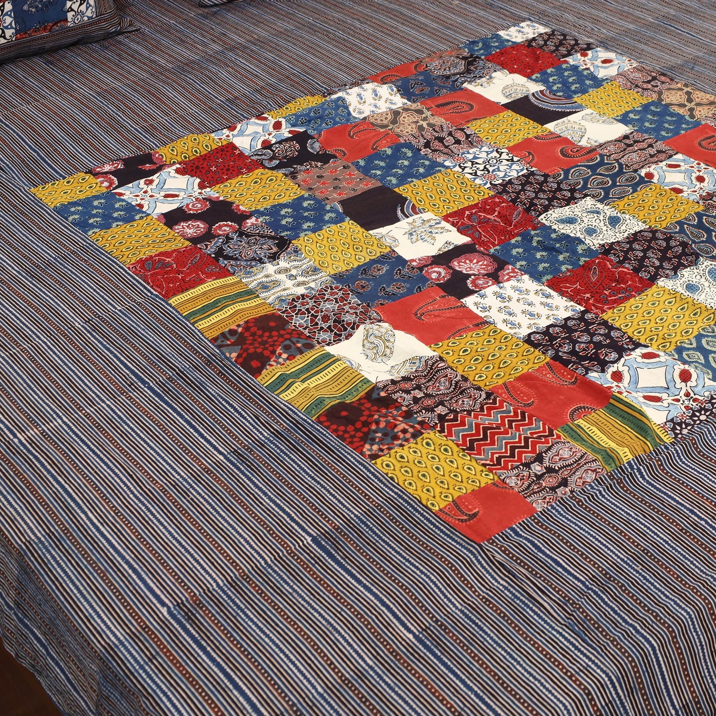 Black - Patchwork Block Print Ajrakh Cotton Double Bed Sheet Set 10