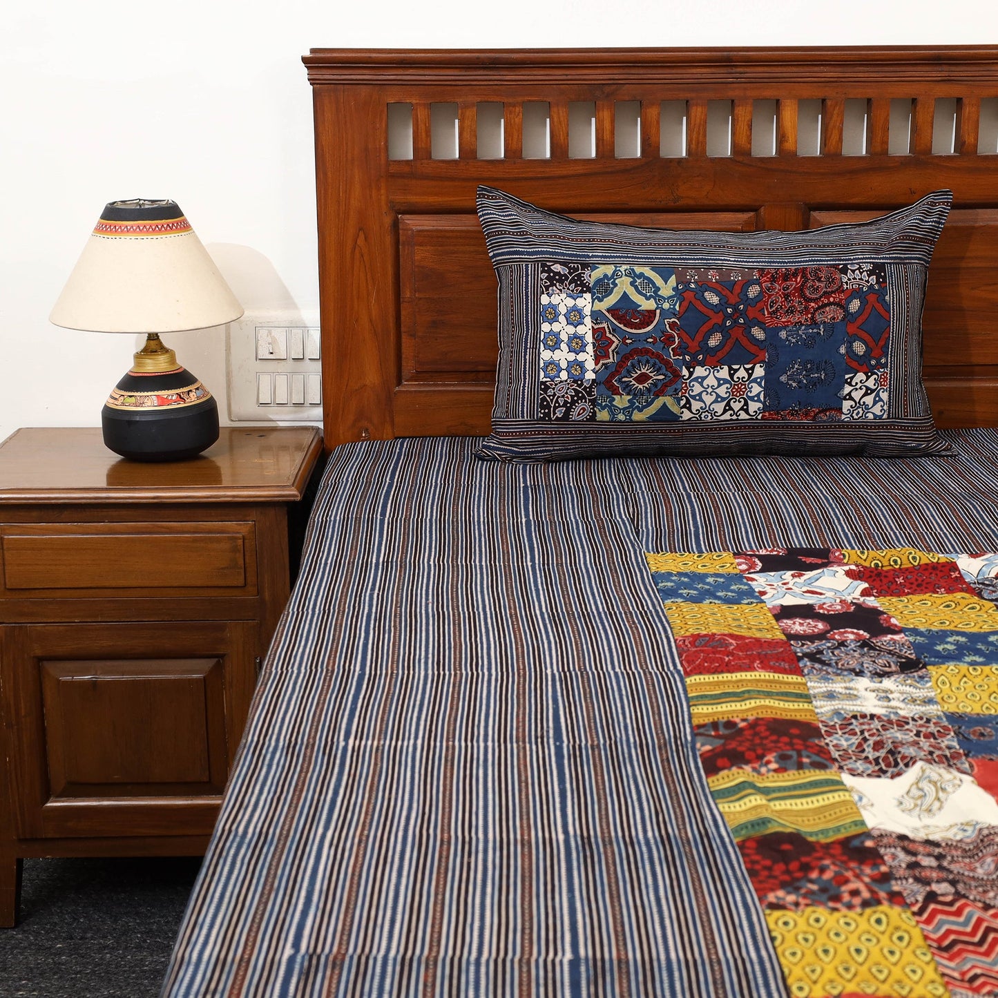 Black - Patchwork Block Print Ajrakh Cotton Double Bed Sheet Set 10