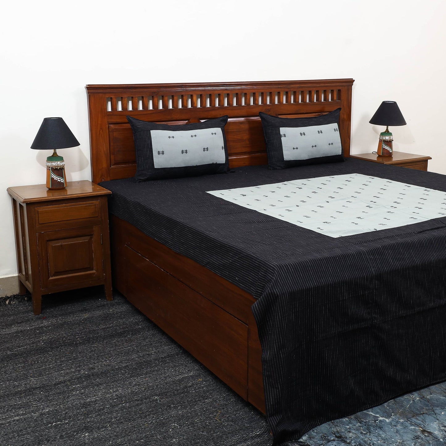 Black - patchwork cotton double jacquard bed sheet set 09