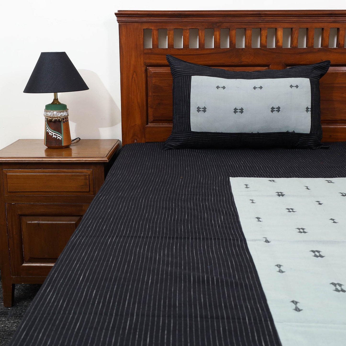 Black - patchwork cotton double jacquard bed sheet set 09