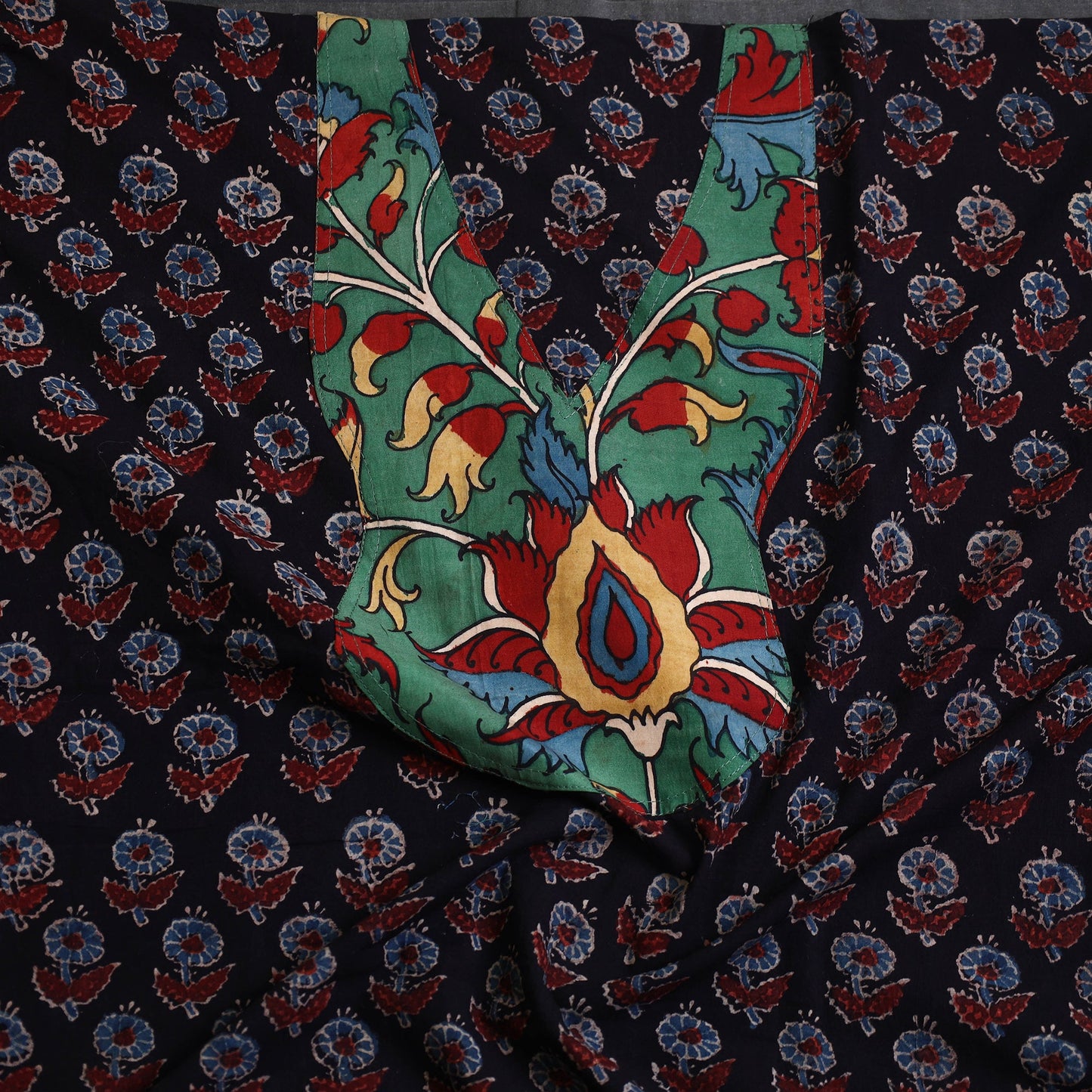 Buy Black Ajrakh Print Patchwork Cotton Kurta Material